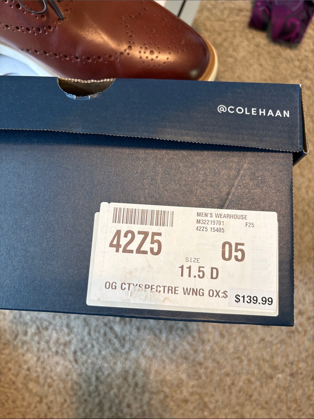 Cole Haan Men's Brown Leather Wingtip Oxfords with White Sole - Picture 3 of 6